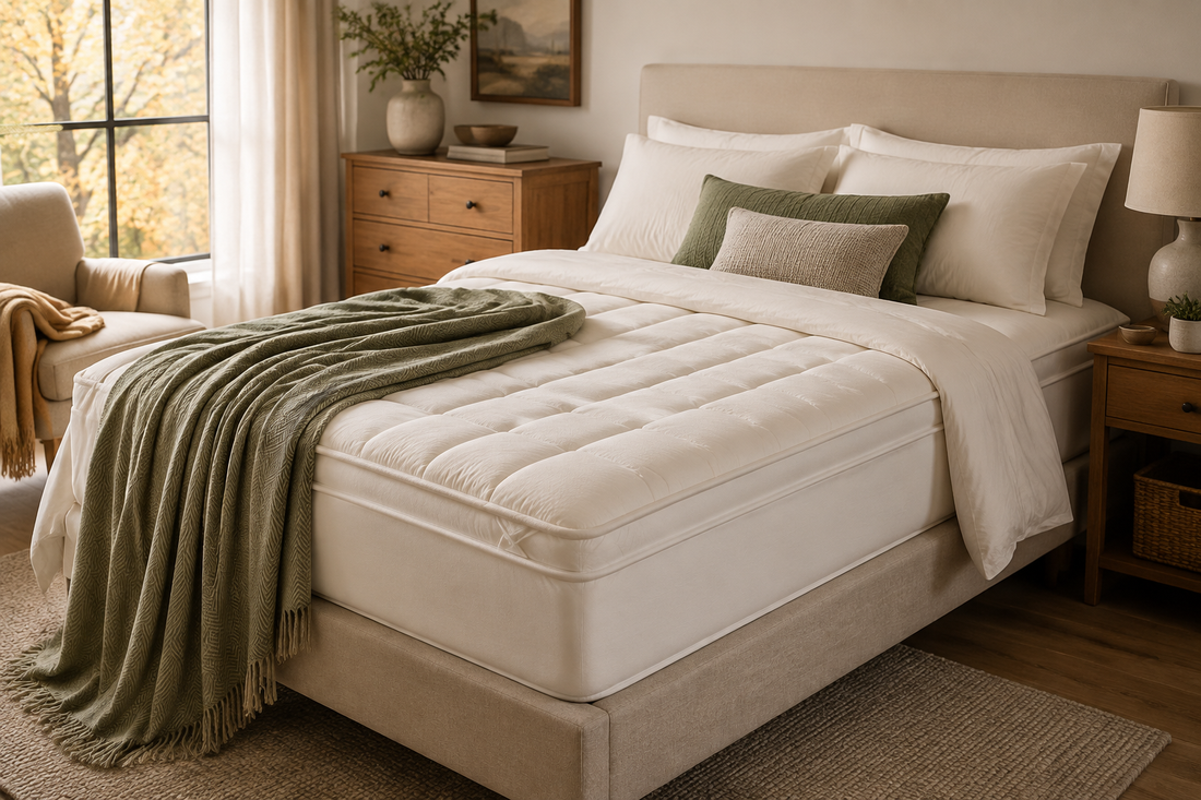 Layered bed with a mattress topper prepared for cooler fall nights