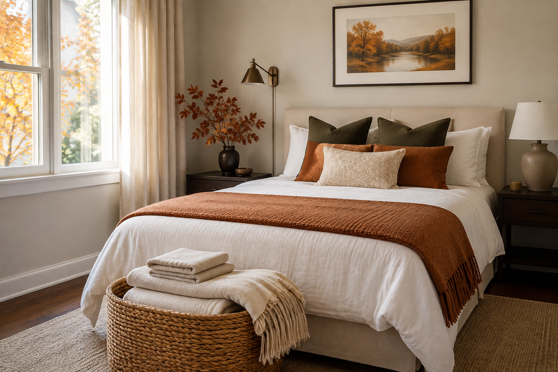 Calm autumn guest room with neatly layered bedding and uncluttered surfaces