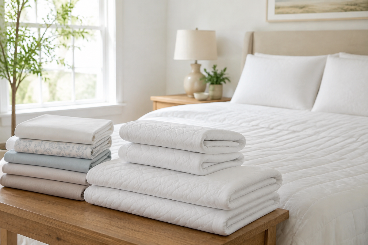 Fresh mattress pads and bedding organized for a practical care rotation