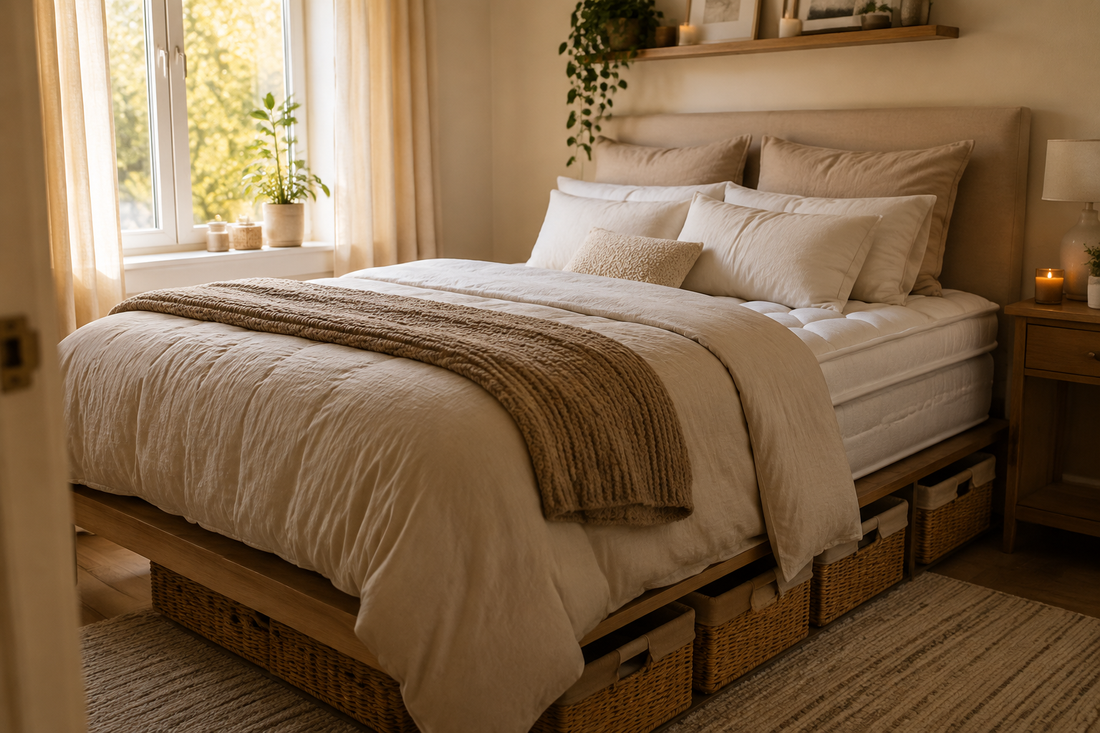 Small fall bedroom refreshed with comfortable layered textiles and clear surfaces