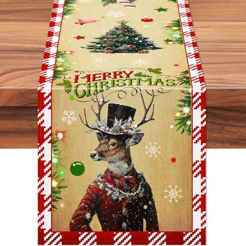 Vintage Christmas Table Runner Reindeer Snowflake