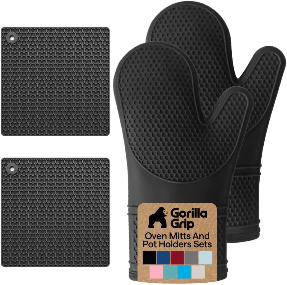 GORILLA GRIP Silicone Oven Mitt & Pot Holder Set — Black