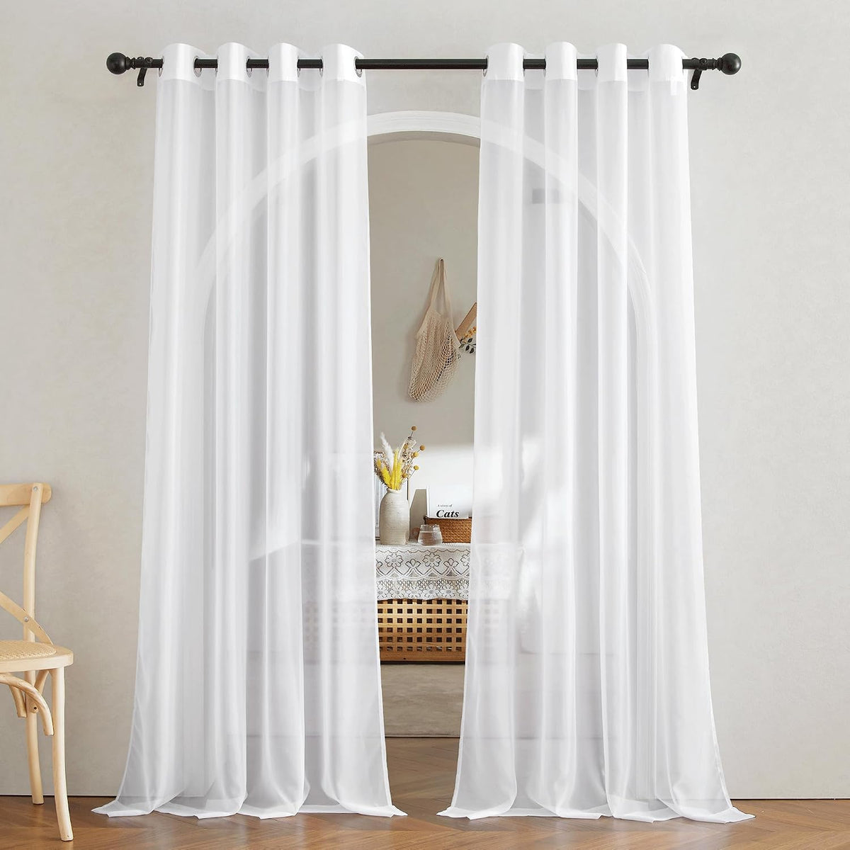 NICETOWN Grommet Sheer Curtains — White, 84 in., Pair