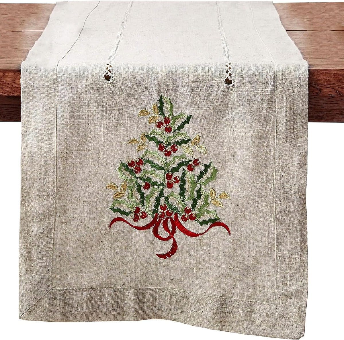 Saro Christmas Tree Linen-Blend Table Runner — Natural, 16 x 54