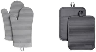 KitchenAid Ribbed Soft Silicone Oven Mitt Set, 7"x13", Grey 2 Count &