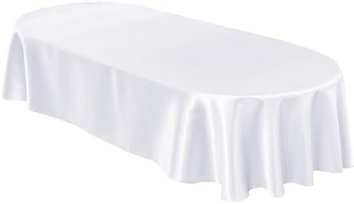 Entisn Oval Satin Tablecloth White 60x120 Inch, Lock-Stitched Edge