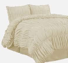 Ivory Ruffle Gathered 3 Pieces Duvet Cover Hidden Zipper Closure 500