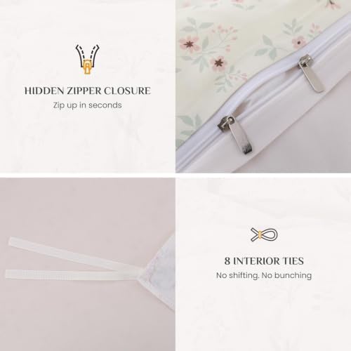 JOLLYVOGUE Floral Duvet Cover Queen, 3Pcs Reversible Beige Duvet Cover