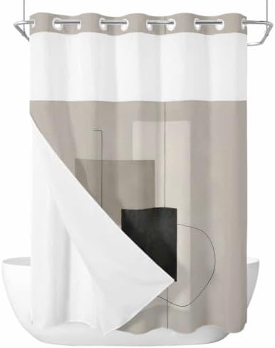 No Hook Geometric Abstract Shower Curtain with Snap in Liner Set, Grey