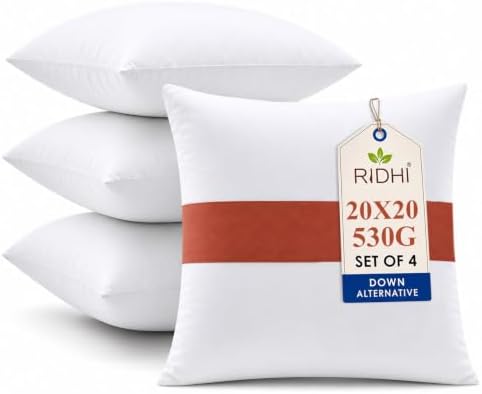 Ridhi White Throw Pillow Inserts, 20x20 Inch, Pack of 4, Down