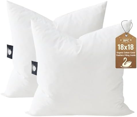 BPC 18x18 Down Feather Throw Pillow Inserts Set of 2, 100% Organic
