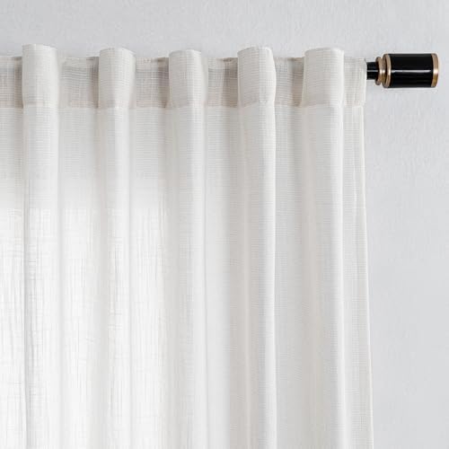 MYSKY HOME Natural Linen White Curtains 84 Inches Long, Semi Sheer