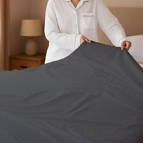 SKY BEDDINGS Full Flat Sheets, 100% Egyptian Cotton, Sateen, Dark Grey