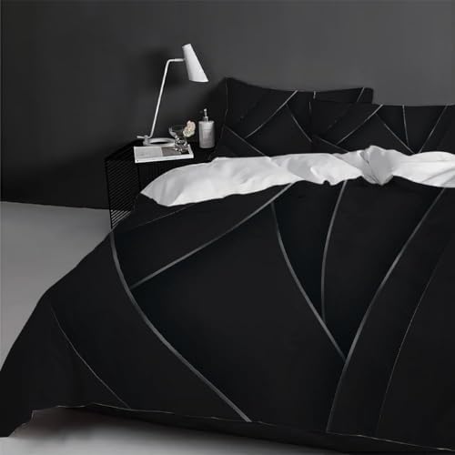 Black Geometric Duvet Cover Set King Size, Luxury Gray Lines Art
