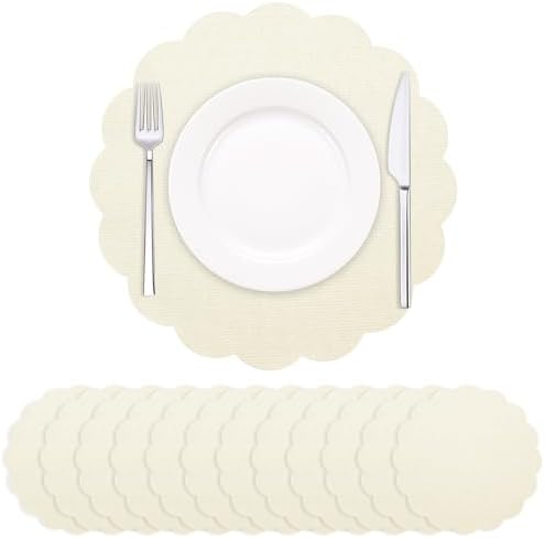 Soleebee 12 Pack Disposable Placemats, Beige Scalloped 13 Inch Table