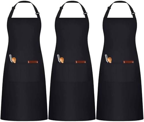 3 Pack Black White Chef Apron, Adjustable Kitchen Apron with 3 Pocket