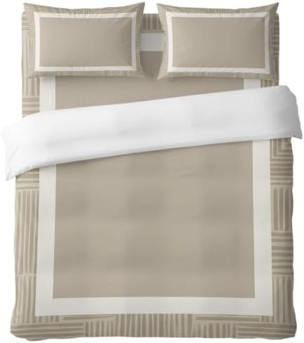 White Frame Twin Size 4 Piece Duvet Cover Set, Minimalist Sand Border