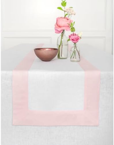 Solino Home 100% Linen Table Runner, 14 x 144 in, Pink and White