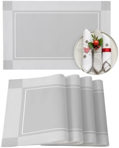 Light Grey Plaid Placemats Set of 8, Cotton Linen Fabric Place Mats