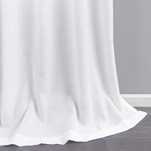 KOUFALL 90 Inch White Linen Curtains, Textured Semi Sheer Curtains for