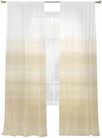 Beige White Stripes Sheer Curtains 108 Inch Length 2 Panels Set
