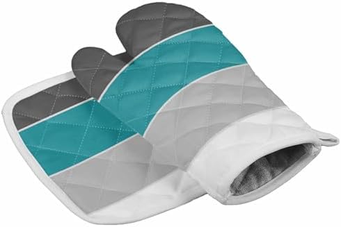 Oven Mitts and Pot Holder Set for Kitchen, Dark Cyan Gray White Simple