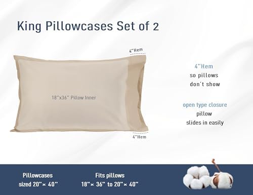 Pillow Cases King Size 100% Cotton Percale Set of 2, Sandshell