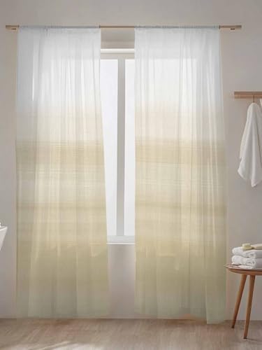 Beige and White Sheer Curtains 108 Inches Long 2 Panels Set Abstract