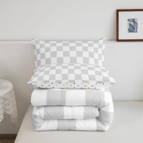 Manfei King Size Neutral Checkerboard Comforter Set with 2 Pillowcases