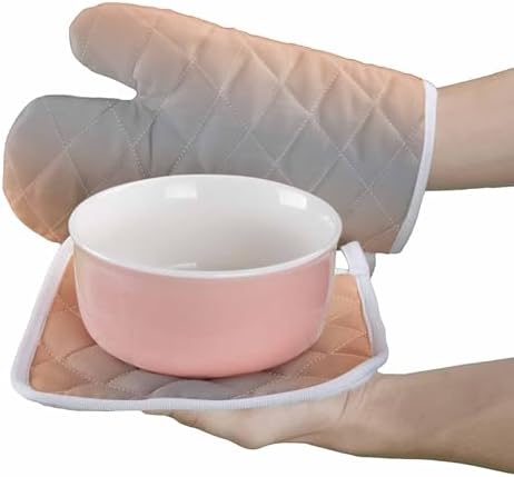 Quilted Cotton Terry Cloth Oven Mitt, Pot Holder Coral Pink Grey