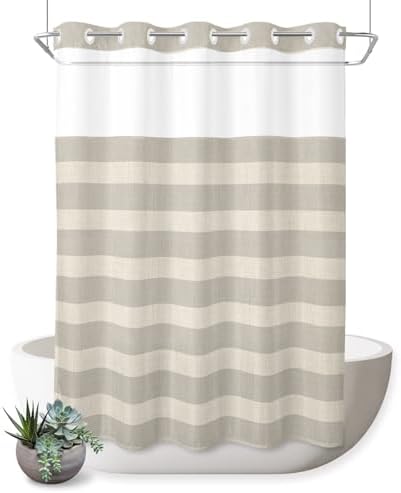 No Hooks Shower Curtains,Minimalist Taupe Stripes Waterproof Shower
