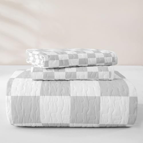 Manfei Neutral Checkerboard Quilt Set Queen Size,Simple Block Quilted