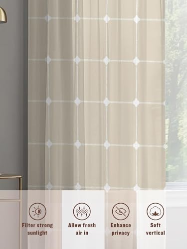 Ivory Grid Semi Sheer Curtains 108 inches Long Window Treatments