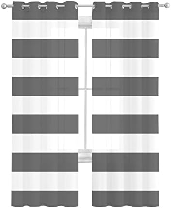 Grey Stripes Sheer Curtains 63 Inch Length Grommet Semi Sheer Drapes