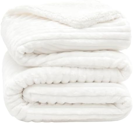 INFIIXSO Striped Sherpa Throw Blanket for Couch, Warm Plush, White