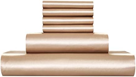 AiMay 6 Piece Satin Bedding Sheet Set Queen Taupe Deep Pocket 1800