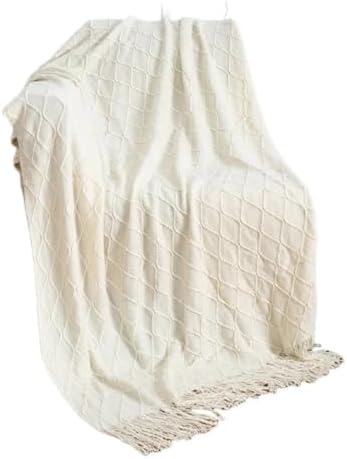 50×70in Cotton Throw Blanket Diamond Knit Fringe All Season Home,Beige