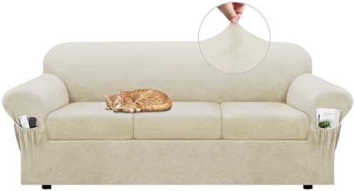 Sofa Slipcover with Armrest Pockets 4-Piece Set, Stretch Faux Leather