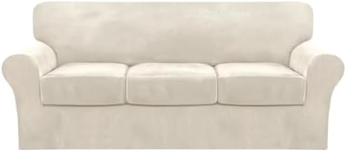 FantasDecor 4 Piece Sofa Velvet Couch Covers for 3 Cushion Stretch