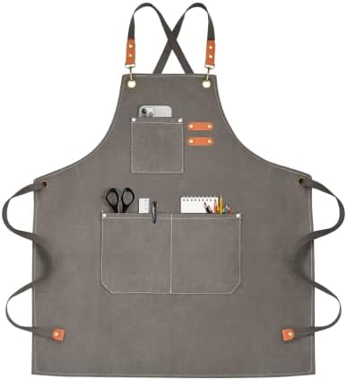 OUNLEN Chef Apron for Men Women Canvas Aprons with 3 Pockets Cross