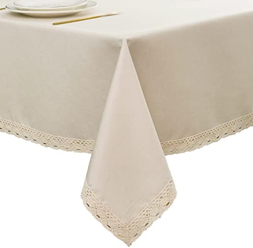 EHouseHome Faux Linen Tablecloth with Lace Trim - Waterproof/Spill