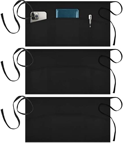 Syntus 3 Pack Cotton Server Apron with Pockets for Women, Black Waist