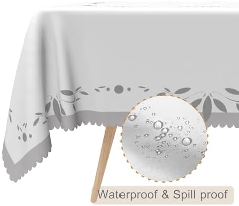70x70inches White Grey Square Tablecloth Minimalism Grey Leaves