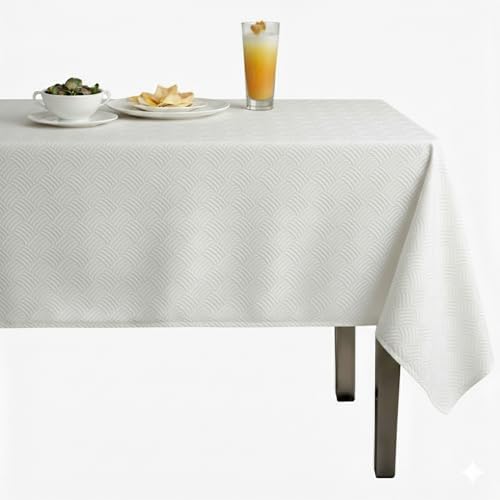 Ivory Jacquard Quilted Look Tablecloth by Bonanza, Polyester Dining