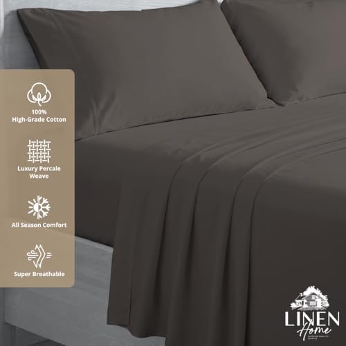 Linen Home 100% Cotton Percale Sheets King Size, Smoky Charcoal, Deep