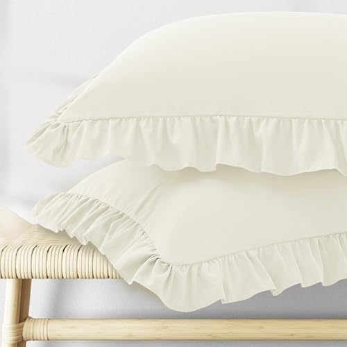 KKJIAF Ruffle Pillow Cases Queen Size Set of 2, Beige