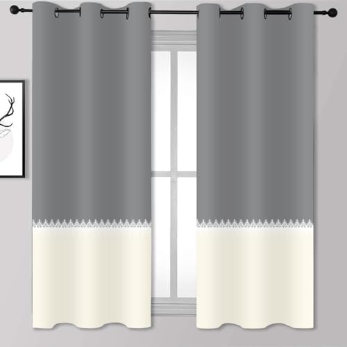 Gray Beige Window Curtains Panel 63 inches Long Farmhouse Drapes for