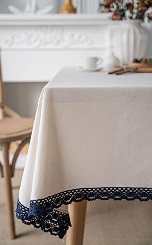 Cotton Linen Tablecloth Table Cover with Lace Trim for Home Kitchen