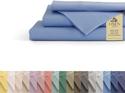 Linen Home 100% Cotton Percale Sheets Twin Size, Baby Blue, Deep