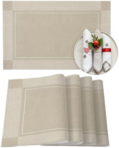 Beige Plaid Placemats Set of 4, Cotton Linen Fabric Place Mats